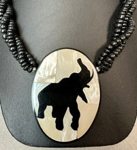 Load image into Gallery viewer, Vintage Elephant Silhouette Mother of Pearl Inlay Pendant on Wood Beaded Necklace (24")
