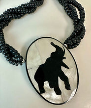 Load image into Gallery viewer, Vintage Elephant Silhouette Mother of Pearl Inlay Pendant on Wood Beaded Necklace (24")
