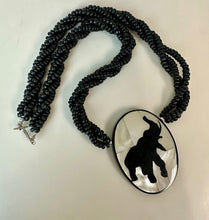 Load image into Gallery viewer, Vintage Elephant Silhouette Mother of Pearl Inlay Pendant on Wood Beaded Necklace (24")
