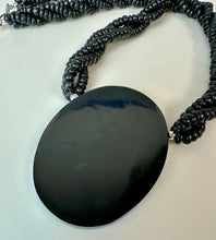 Load image into Gallery viewer, Vintage Elephant Silhouette Mother of Pearl Inlay Pendant on Wood Beaded Necklace (24")
