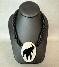 Load image into Gallery viewer, Vintage Elephant Silhouette Mother of Pearl Inlay Pendant on Wood Beaded Necklace (24")
