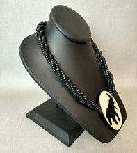 Load image into Gallery viewer, Vintage Elephant Silhouette Mother of Pearl Inlay Pendant on Wood Beaded Necklace (24")
