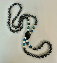 Load image into Gallery viewer, Vintage Hematite White Turquoise Sodalite Knotted Beaded Strand Necklace (30")
