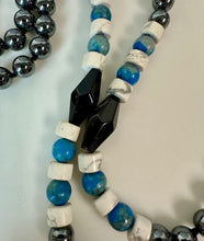 Load image into Gallery viewer, Vintage Hematite White Turquoise Sodalite Knotted Beaded Strand Necklace (30")
