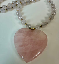 Load image into Gallery viewer, Vintage Rose Quartz Heart Pendant on Rose Quartz &amp; Goldtone Beaded Necklace (29")
