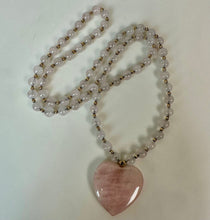 Load image into Gallery viewer, Vintage Rose Quartz Heart Pendant on Rose Quartz &amp; Goldtone Beaded Necklace (29")
