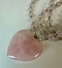 Load image into Gallery viewer, Vintage Rose Quartz Heart Pendant on Rose Quartz &amp; Goldtone Beaded Necklace (29")

