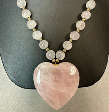 Load image into Gallery viewer, Vintage Rose Quartz Heart Pendant on Rose Quartz &amp; Goldtone Beaded Necklace (29")

