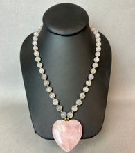 Load image into Gallery viewer, Vintage Rose Quartz Heart Pendant on Rose Quartz &amp; Goldtone Beaded Necklace (29")
