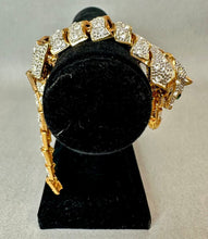 Load image into Gallery viewer, Vintage Art Deco Style Goldtone Rhinestone Green Eyed Articulated Leopard Shoulder Brooch Pin (7.5")
