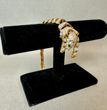 Load image into Gallery viewer, Vintage Art Deco Style Goldtone Rhinestone Green Eyed Articulated Leopard Shoulder Brooch Pin (7.5")
