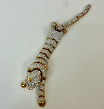 Load image into Gallery viewer, Vintage Art Deco Style Goldtone Rhinestone Green Eyed Articulated Leopard Shoulder Brooch Pin (7.5")
