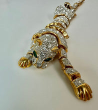 Load image into Gallery viewer, Vintage Art Deco Style Goldtone Rhinestone Green Eyed Articulated Leopard Shoulder Brooch Pin (7.5")
