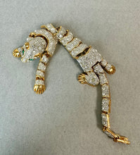Load image into Gallery viewer, Vintage Art Deco Style Goldtone Rhinestone Green Eyed Articulated Leopard Shoulder Brooch Pin (7.5")
