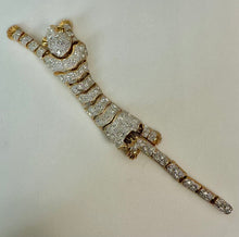 Load image into Gallery viewer, Vintage Art Deco Style Goldtone Rhinestone Green Eyed Articulated Leopard Shoulder Brooch Pin (7.5")
