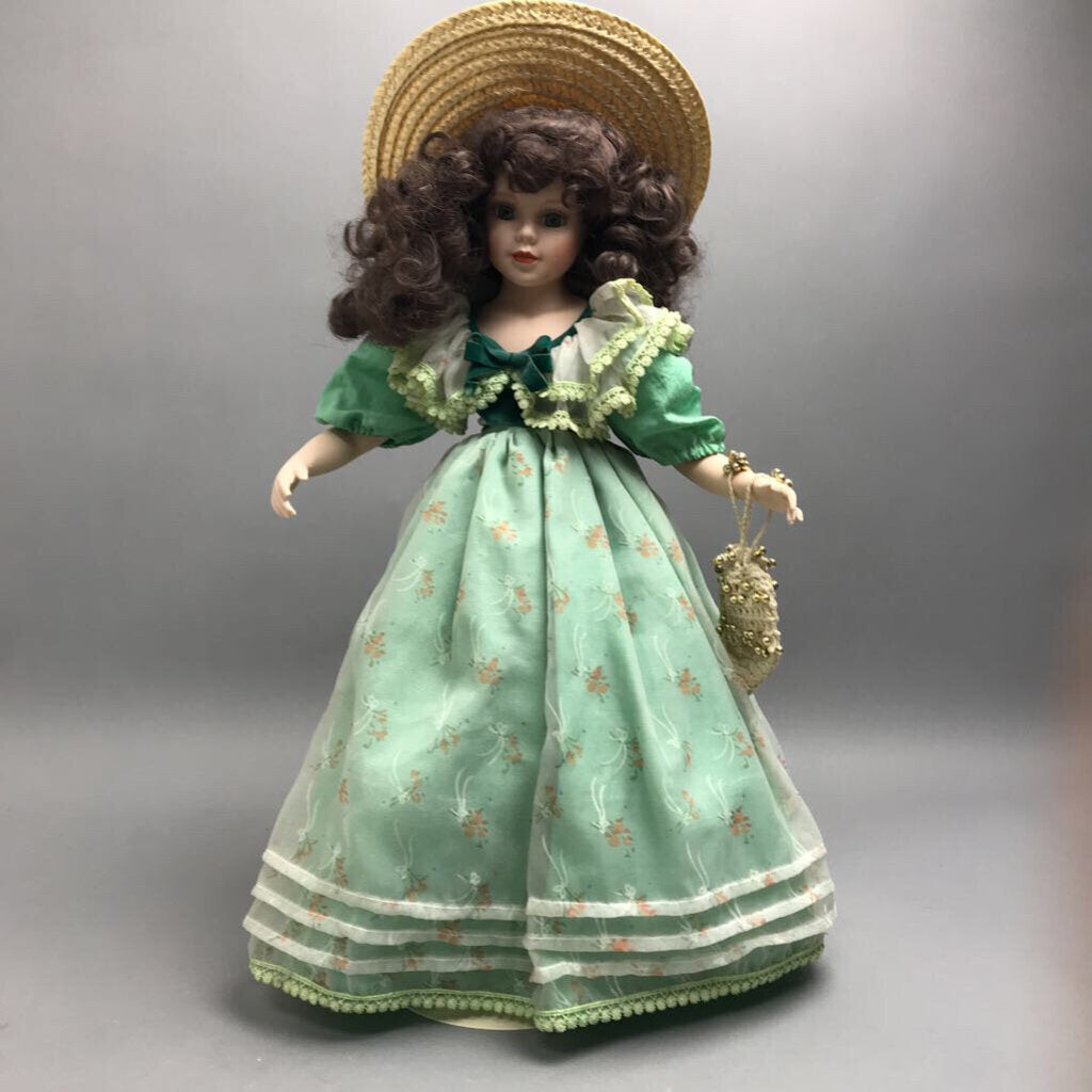 porcelain doll green dress Velvet Red Curly Vintage Porcelain Doll With Freckles,