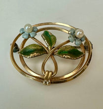 Load image into Gallery viewer, Vintage Krementz Gold Filled Enamel Forget Me Not Circle Brooch Pin (1.25")
