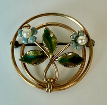 Load image into Gallery viewer, Vintage Krementz Gold Filled Enamel Forget Me Not Circle Brooch Pin (1.25")
