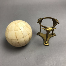 Load image into Gallery viewer, Vintage Brass Tripod Stand with Rams Holding Inlaid Bone Carpet Ball (7")
