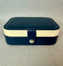 Load image into Gallery viewer, Navy &amp; White Vegan Leather Jewelry Organizer Travel Case (2x6x4.5")
