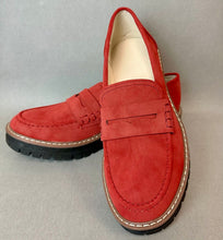 Load image into Gallery viewer, Red Faux Suede Platform Penny Loafers sz 38/8
