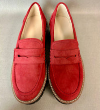 Load image into Gallery viewer, Red Faux Suede Platform Penny Loafers sz 38/8
