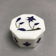Load image into Gallery viewer, Trinket Jewelry Box White Stone Marble Blue Floral Inlay w Lid (2")

