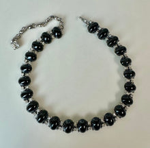Load image into Gallery viewer, Vintage Bogoff Faux Onyx Clear Rhinestone Silvertone Collar Necklace &amp; Clip Earrings Set Signed (16", 1.25")
