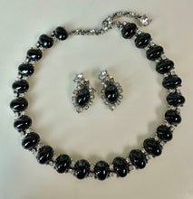 Load image into Gallery viewer, Vintage Bogoff Faux Onyx Clear Rhinestone Silvertone Collar Necklace &amp; Clip Earrings Set Signed (16", 1.25")
