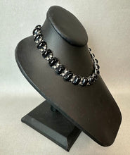 Load image into Gallery viewer, Vintage Bogoff Faux Onyx Clear Rhinestone Silvertone Collar Necklace &amp; Clip Earrings Set Signed (16", 1.25")
