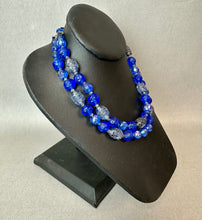 Load image into Gallery viewer, Vintage Bogoff Czech Glass Shades of Blue Textured Bead Necklace &amp; Clip Earrings Set Signed (17", 1.25")

