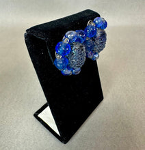 Load image into Gallery viewer, Vintage Bogoff Czech Glass Shades of Blue Textured Bead Necklace &amp; Clip Earrings Set Signed (17", 1.25")
