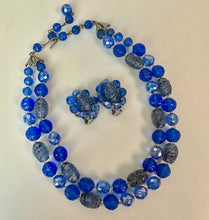Load image into Gallery viewer, Vintage Bogoff Czech Glass Shades of Blue Textured Bead Necklace &amp; Clip Earrings Set Signed (17", 1.25")
