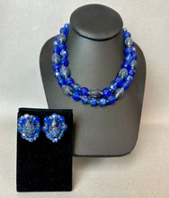 Load image into Gallery viewer, Vintage Bogoff Czech Glass Shades of Blue Textured Bead Necklace &amp; Clip Earrings Set Signed (17", 1.25")
