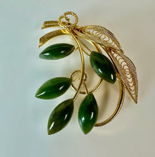 Load image into Gallery viewer, Vintage Mid Century Jadeite Goldtone Brooch Pin (2")
