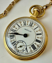Load image into Gallery viewer, Vintage Westclox Train Etching Pocketwatch on Gold Filled Watch Chain (Running)
