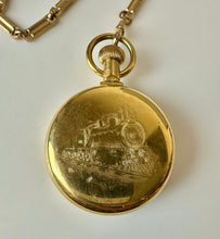 Load image into Gallery viewer, Vintage Westclox Train Etching Pocketwatch on Gold Filled Watch Chain (Running)
