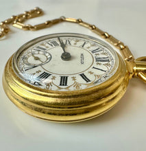Load image into Gallery viewer, Vintage Westclox Train Etching Pocketwatch on Gold Filled Watch Chain (Running)
