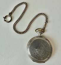 Load image into Gallery viewer, Vintage Remontoir Silver Floral Etched Case Hunter Pocket Watch on 11.5" Sterling Watch Chain (As-Is, Not Running)
