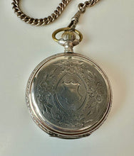 Load image into Gallery viewer, Vintage Remontoir Silver Floral Etched Case Hunter Pocket Watch on 11.5" Sterling Watch Chain (As-Is, Not Running)
