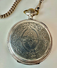 Load image into Gallery viewer, Vintage Remontoir Silver Floral Etched Case Hunter Pocket Watch on 11.5" Sterling Watch Chain (As-Is, Not Running)
