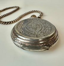 Load image into Gallery viewer, Vintage Remontoir Silver Floral Etched Case Hunter Pocket Watch on 11.5" Sterling Watch Chain (As-Is, Not Running)
