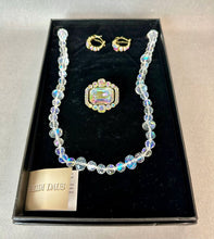 Load image into Gallery viewer, Heidi Daus Classic Choice Aurora Borealis Crystal Necklace Pin &amp; Earring Set NIB (44,1.75,1")
