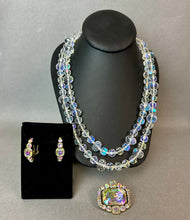 Load image into Gallery viewer, Heidi Daus Classic Choice Aurora Borealis Crystal Necklace Pin &amp; Earring Set NIB (44,1.75,1")
