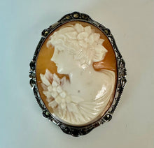 Load image into Gallery viewer, Antique Sterling Marcasite Carved Shell Cameo Left Facing Brooch Pin w/ Pendant Loop (1.75") /
