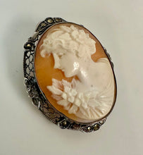 Load image into Gallery viewer, Antique Sterling Marcasite Carved Shell Cameo Left Facing Brooch Pin w/ Pendant Loop (1.75") /
