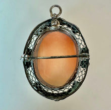 Load image into Gallery viewer, Antique Sterling Marcasite Carved Shell Cameo Left Facing Brooch Pin w/ Pendant Loop (1.75") /
