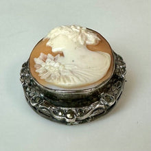 Load image into Gallery viewer, Antique Sterling Marcasite Carved Shell Cameo Left Facing Brooch Pin w/ Pendant Loop (1.75") /
