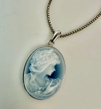 Load image into Gallery viewer, Sterling Blue Agate Right Facing Cameo Pendant on 18" Chain Necklace
