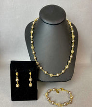 Load image into Gallery viewer, Vintage Suzanne Bjontegard Goldtone Faux Pearl Rhinestone Beaded Chain Necklace Bracelet &amp; Earrings Set
